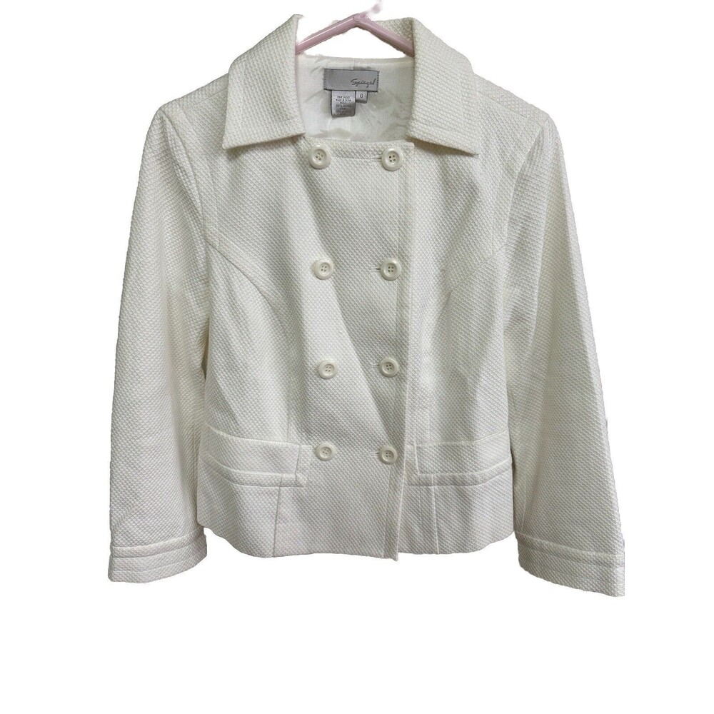 Spiegel Women's White Waffle Weave Lined Double Breasted Blazer Jacket‎ New Sz 8